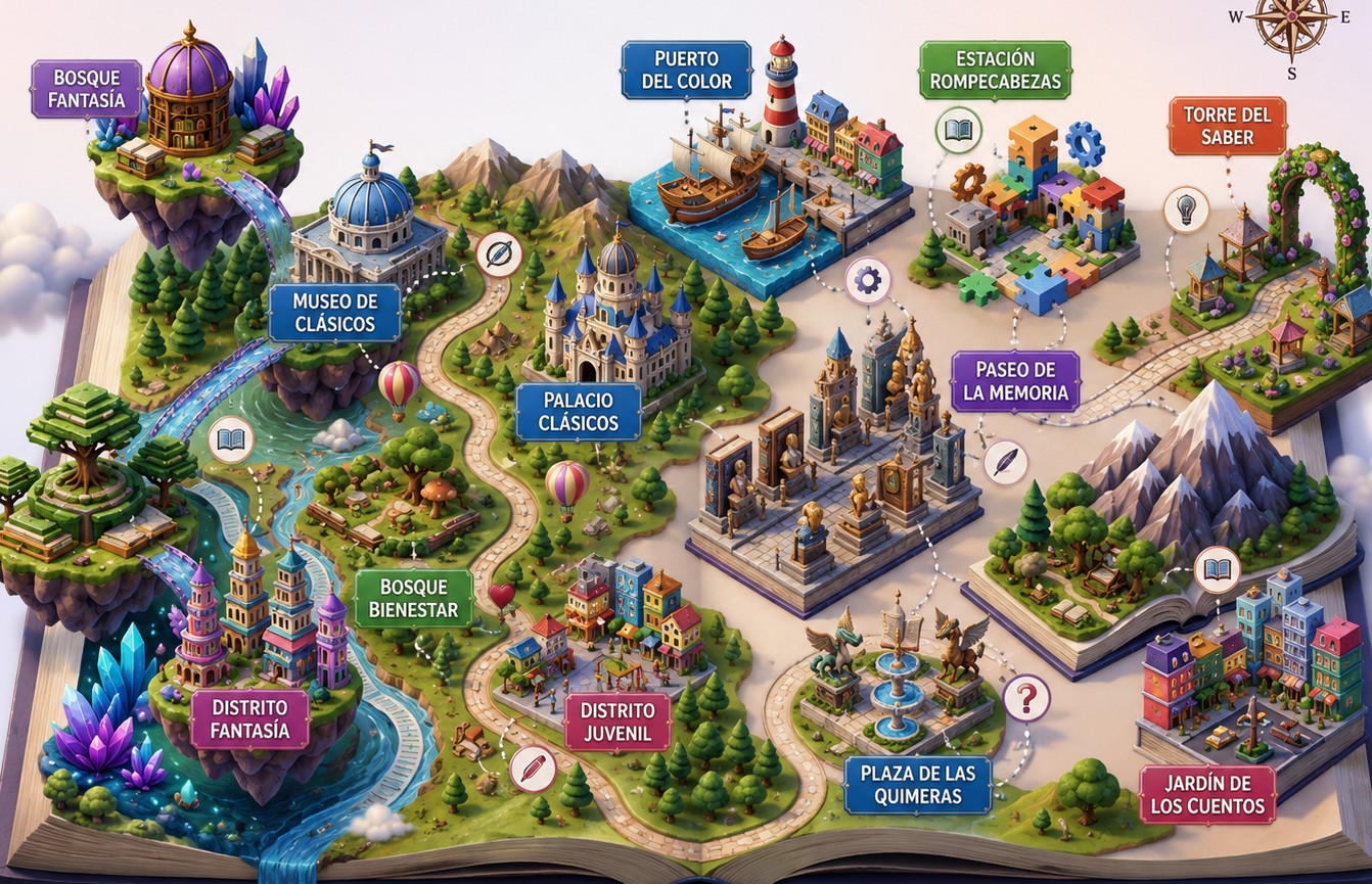 Mapa ilustrado de Lectulandia sobre un libro abierto, con doce destinos de lectura
