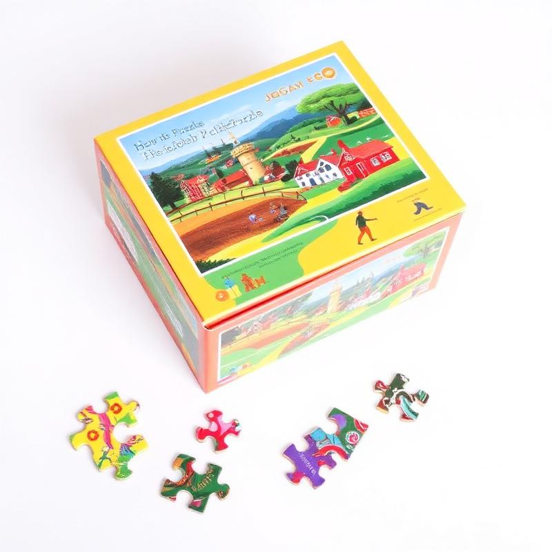 Caja de rompecabezas con paisaje de pueblo colorido y piezas sueltas